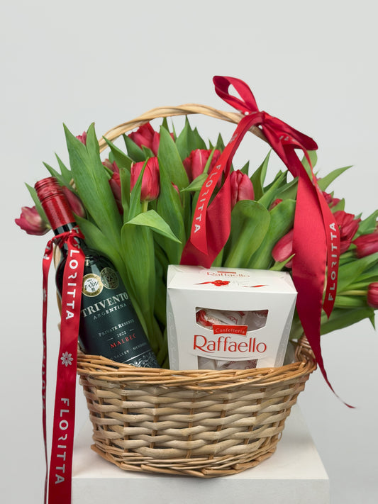 Basket: Tulips, Malbec Wine & Raffaello Treats